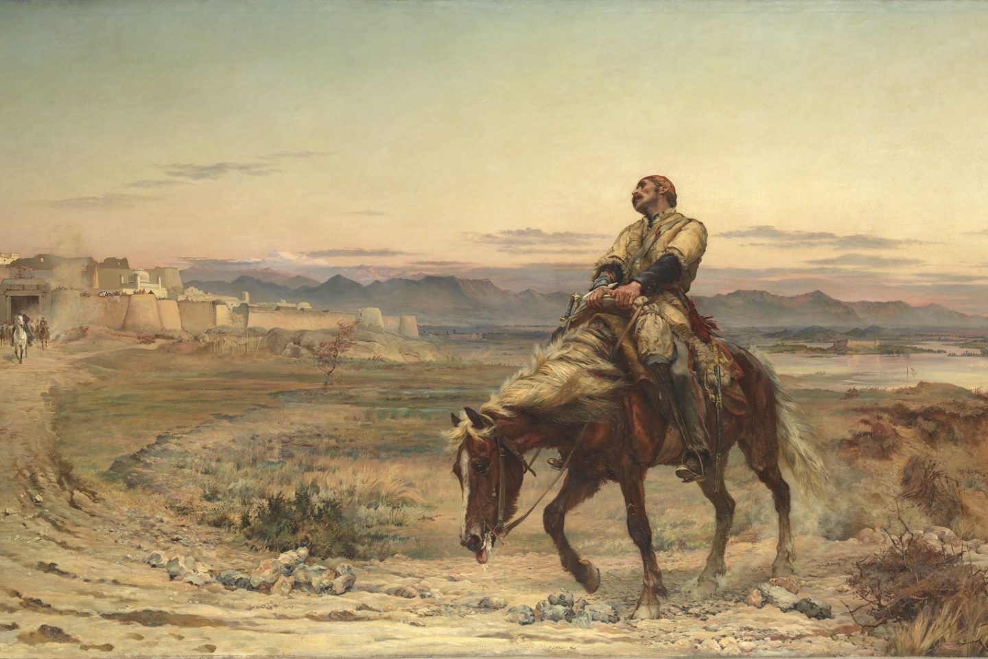 Uma das principais telas em exposição, pintada por Elizabeth Butler em 1842, retrata o único sobrevivente de um massacre ocorrido no Afeganistão no século 19