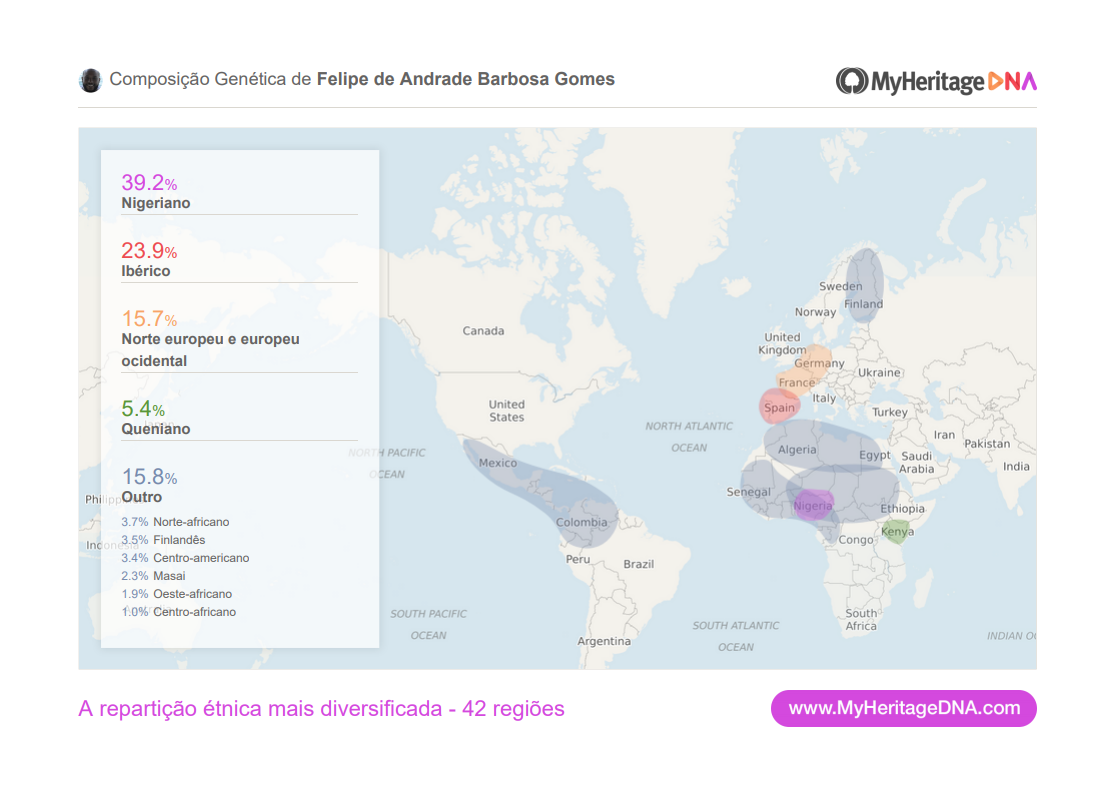 O mapa da composição genética de Felipe Gomes no site My Heritage (Reprodução)