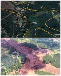 Antes e depois do rompimento da barragem na região de Brumadinho (Foto: Reprodução Facebook / Águas Do Paraopeba)