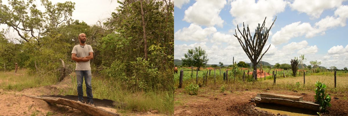 Elcio no córrego onde aprendeu a nadar, nos arredores de Correntina. E outro riacho seco, em Brejolândia. A seca é comum no oeste da Bahia. Fotos de Mirian Fichtner