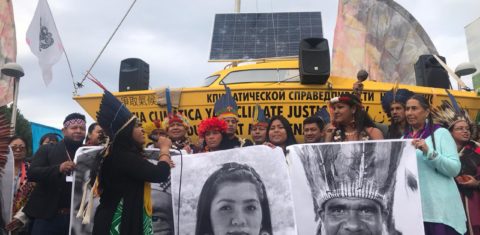 Manifestação n COP25 contra assassinato de indígenas da etnia guajajara. Foto de divulgação