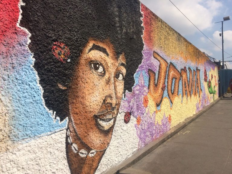 Painel na Estação Coelho da Rocha, na Baixada, lembrando a universitária Joana Bonifácio, arrastada por trem: negros são maioria entre mortos na linha férrea (Foto: Casa Fluminense - 24/04/2018)