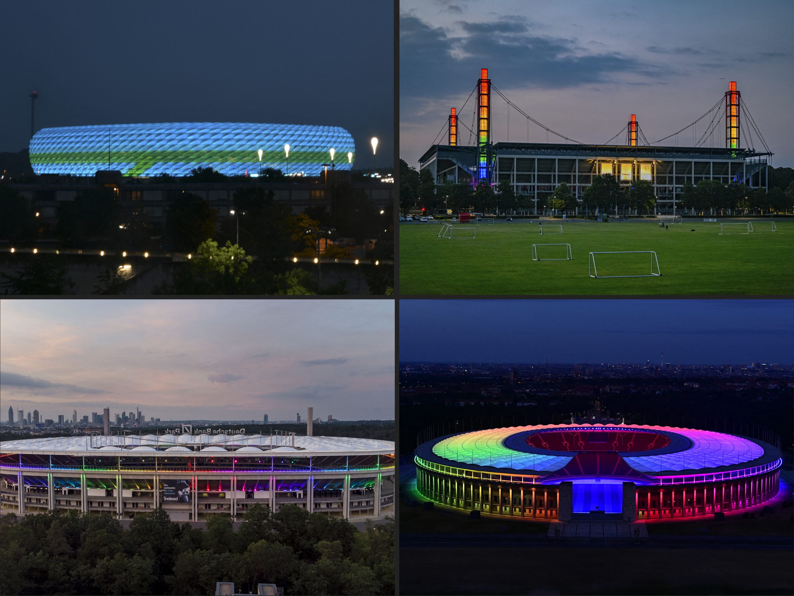 Estádio alemães iluminados com as cores do arco-íris: resistência à intolerância. Fotos da AFP