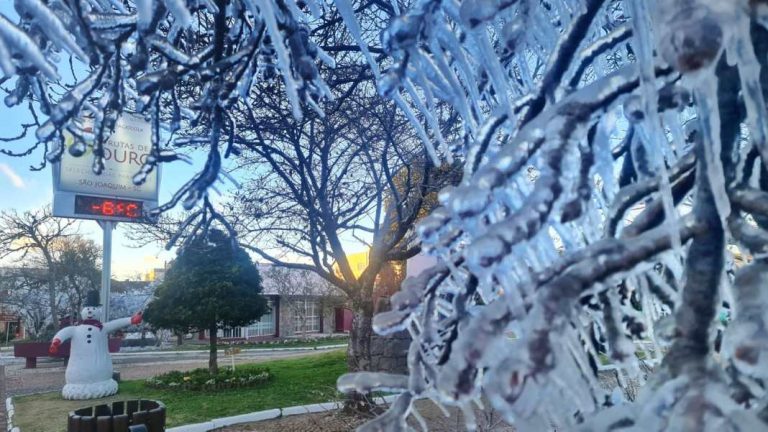 Termômetro marcando - 6º C em São Joaquim na serra catarinense: três dias de frio extremo com temperaturas negativas, neve e geadas na Região Sul (Foto: Mycchel Legnaghi/ São Joaquim on line/ Fotos Públicas)