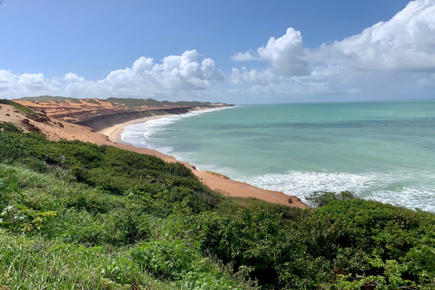 Destino de turismo: Praia de Sibaúma, com o Chapadão de Pipa ao fundo, em um dia ensolarado
