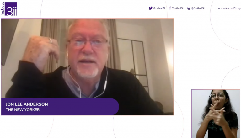 O repórter Jon Lee Anderson na mesa virtual de abertura do Festival 3i: reflexões sobre guerra e jornalismo (Reprodução / Youtube)