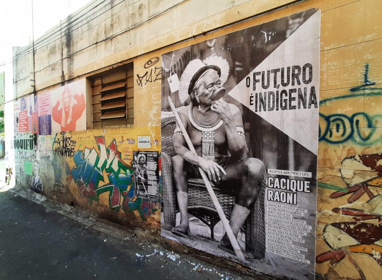 Painel em homenagem ao Cacique Raoni em Goiânia: líder indígena homenageado em 50 cidades no mês do Meio Ambiente (Foto: Muquifu Cultural)