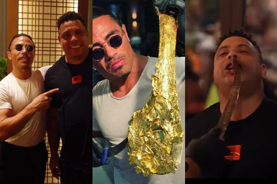 O chef Nusret Gökçe com sua iguaria e o deslumbrado Ronaldo Fenômeno: sem valor nutricional. Reprodução do Instagram