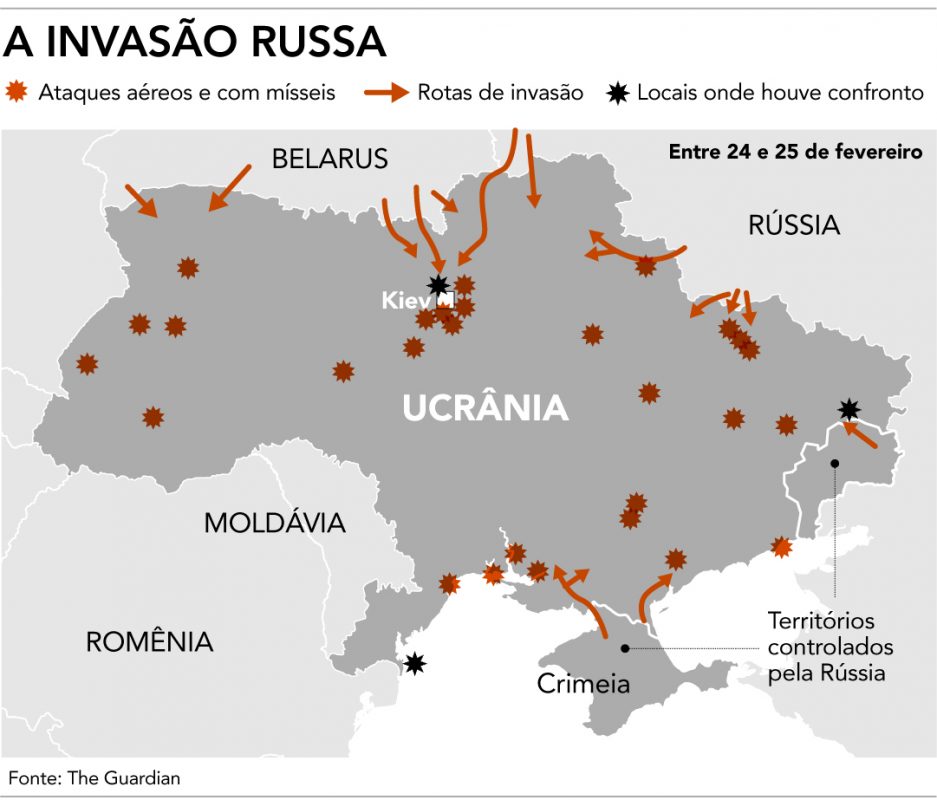 Ucrânia sob ataque: tropas russas avançam em várias frentes (Arte: Fernando Álvarus)