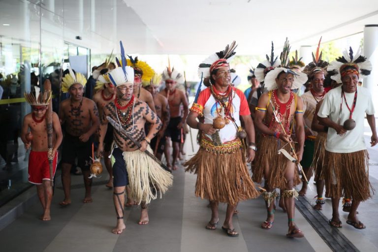 Representantes de etnias indígenas da Bahia em protesto em Brasília: indignação com abertura de mineração em terras indígenas (Foto: Marina Oliveira/Cimi e Verônica Holanda/Cimi)
