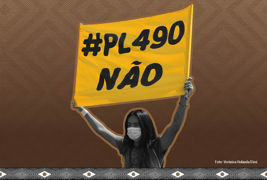 Entidades dos povos indígenas e da Igreja Católica protestaram contra PL do marco temporal (Foto e arte: Verônica Holanda / Cimi)