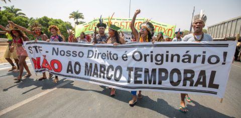 Protesto em Brasília contra o marco temporal: ameaça a terras indígenas já demarcadas e em demarcação ( Foto: Tiago Miotto / Cimi - 29/09/2023)