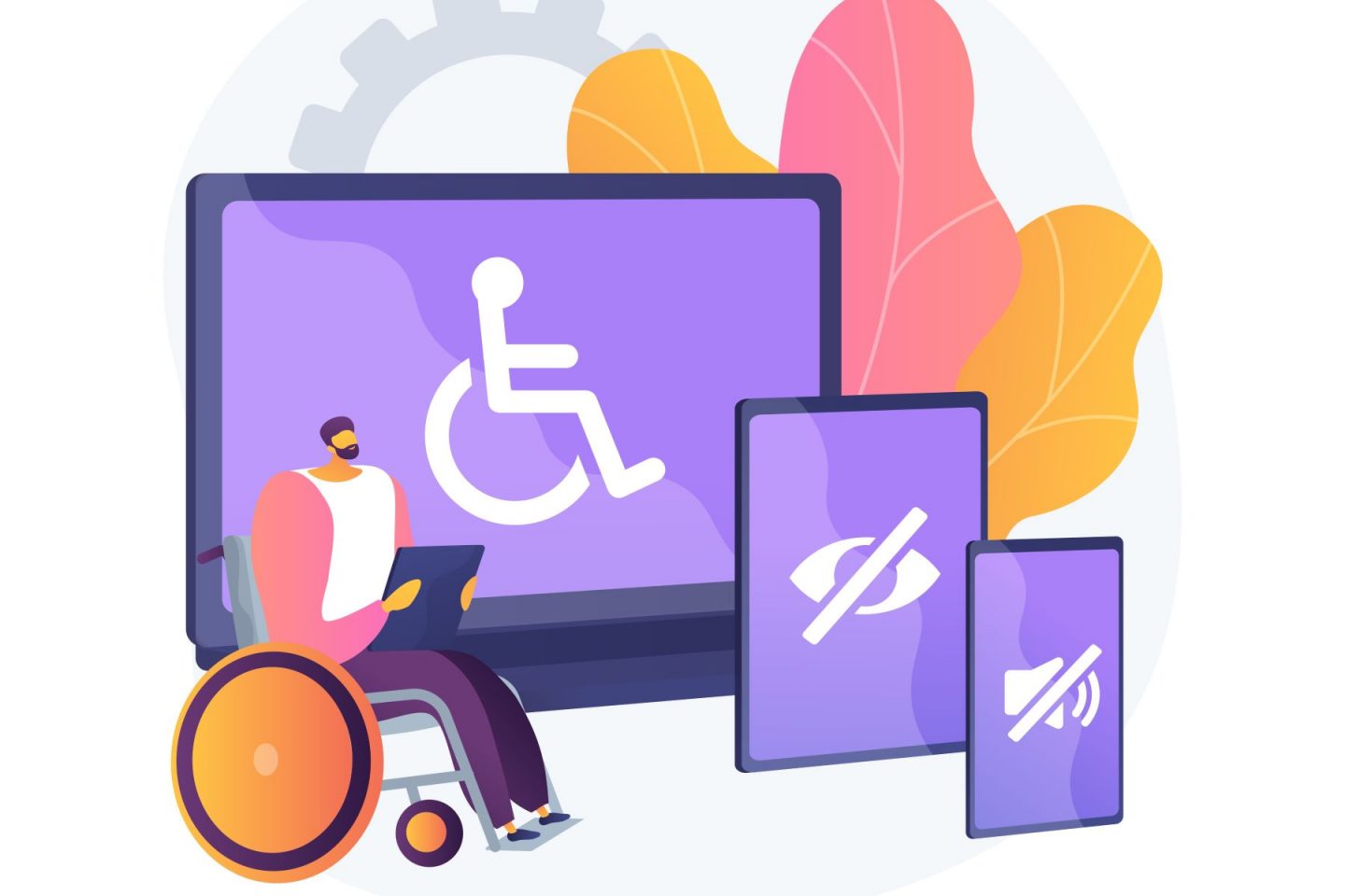Arte colorida em tons de azul, laranja e rosa que mostra uma pessoa usuária de cadeira de rodas segurando um tablet. Ao lado dela aparecem três telas de diferentes tamanhos com os símbolos de acessibilidade e deficiência visual e sonora