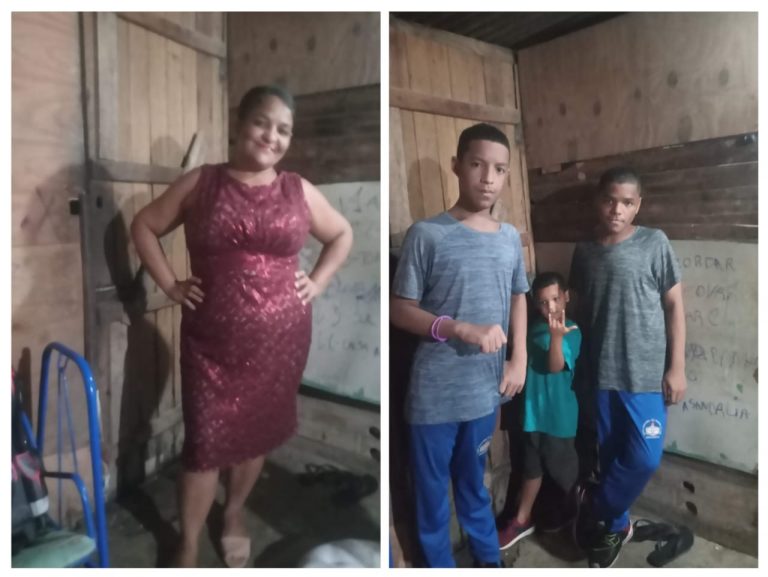 Maria Conceição e os três filhos autistas no barraco de dois vãos onde vivem na Ocupação 15 de Novembro. Foto Arquivo pessoal Maria Conceição