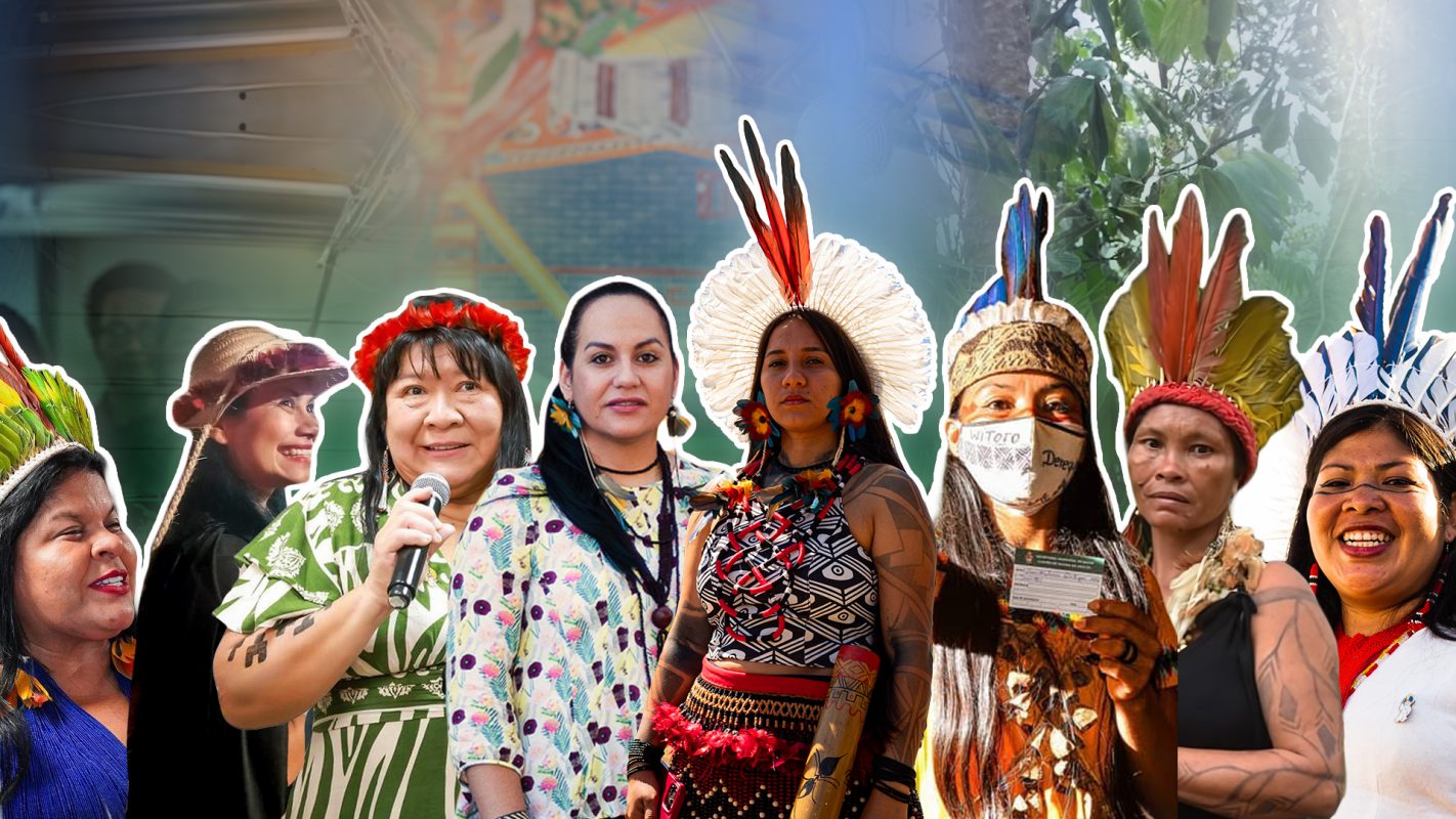 Sônia Guajajara, Márcia Kabemba, Joênia Wapichana, Joziléia Kaingang, Samela Sateré-Mawe, Vanda Witoto, Lutana Kokama e Juliana Kerexu: protagonismo feminino nas lutas indígenas (Arte: Pablo Candeia)