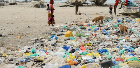 Pescadores em praia altamente poluída no Senegal, na África Ocidental. Foto Joerg Boethling/Alamy