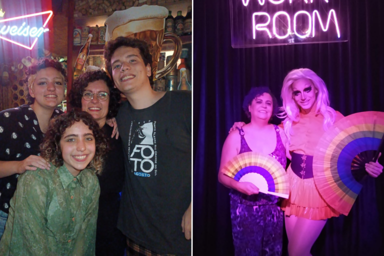 Duas fotos coloridas divididas na tela. Do lado esquerdo_ Cintia Jardim está abraçada com os filhos Oliver, Lilo e Mat. Na foto da direita_ Iara Netto e o filho drag queen em um palco - Arquivo Pessoal