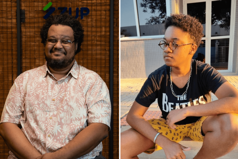 Duas fotos coloridas. Na imagem da esquerda, Fábio Souza aparece em pé. Ele é um homem preto de cabelo afro e óculos. Ele usa uma camisa listrada branca e laranja. Na foto da direita, Akin Sá aparece de cócoras. Ele é um homem preto de cabelo curto e óculos. Ele usa uma camisa preta e uma bermuda laranja.