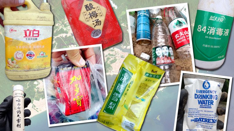 Entre junho de 2023 e fevereiro de 2024, a ONG Ecomov catalogou 1.200 diferentes tipos resíduos no mar de Santos. Fotos Ecomov, montagem Fernando Alvarus