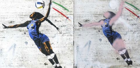 O mural em homenagem a campeã olímpica Paola Egonu antes e depois de ser vandalizado: ataque racista reacende debate sobre raça e cidadania na Itália (Reprodução)