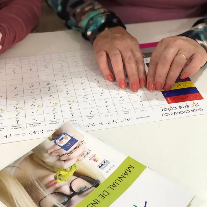 Foto colorida das mãos de uma pessoa sob uma folha com códigos de cores em braille e no See Color