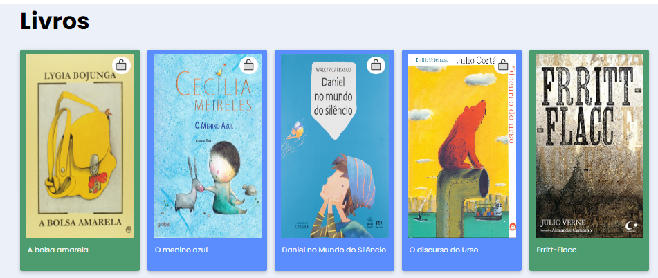 Captura de tela colorida da biblioteca virtual Mais Diferenças. No canto superior esquerdo a palavra Livros escrita na cor preta. Na imagem aparecem a capa de cinco livros: A bolsa amarela; o menino azul; daniel no mundo do silêncio; o discurso do urso e frritt-flacc. Ao fundo, tela azul.
