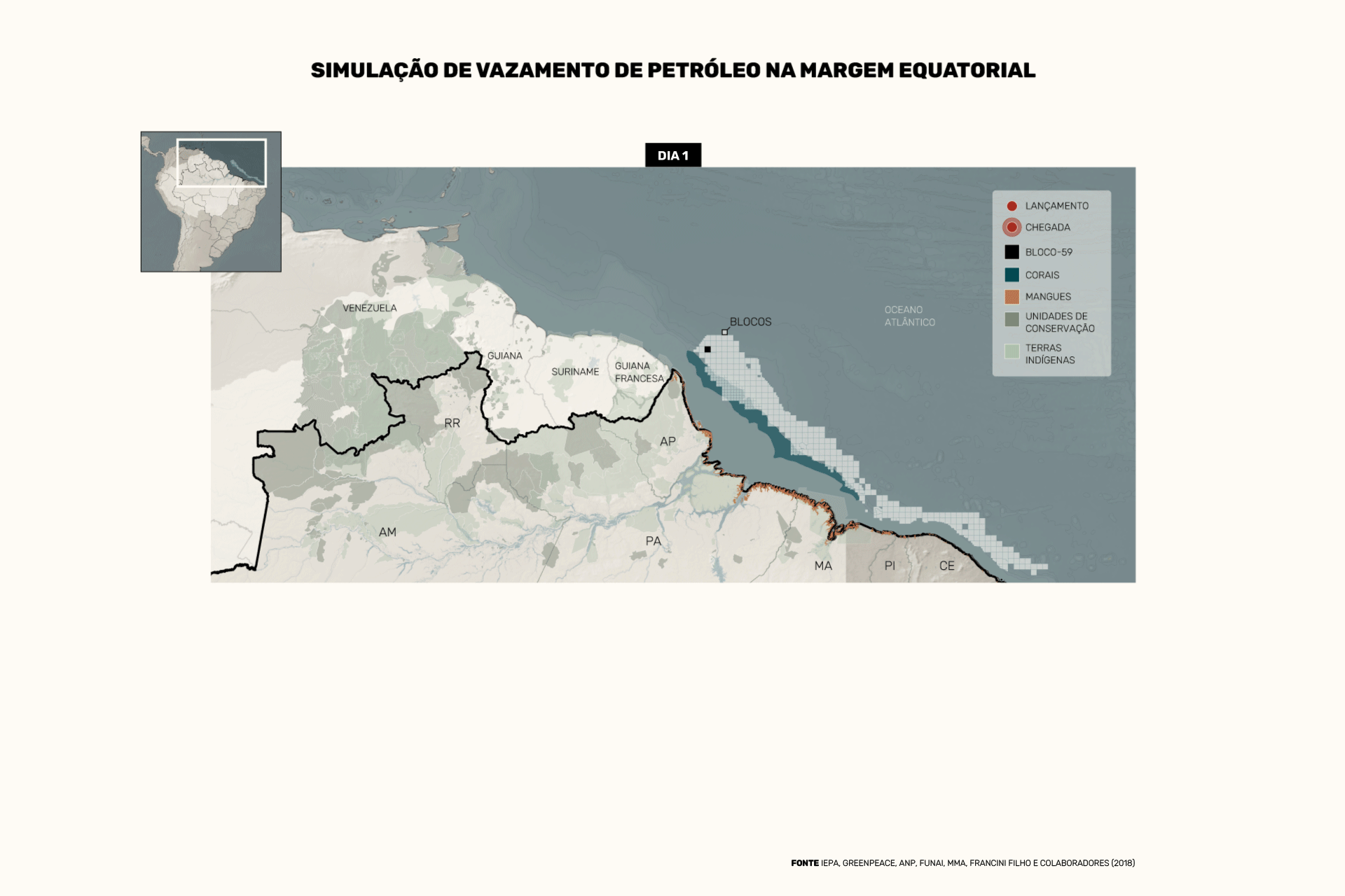 Simulação de vazamento na costa amazônica (Arte: InfoAmazonia)