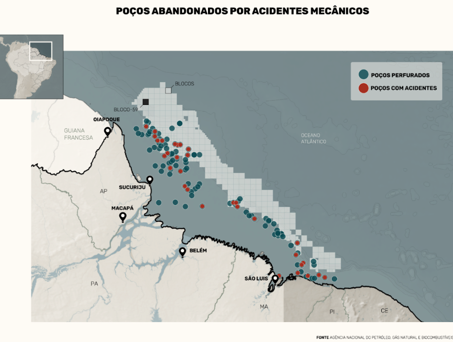 Entre 1970 e 2024, pelo menos um quarto dos 155 poços perfurados em busca de óleo na margem equatorial foram interrompidos por acidentes mecânicos (Arte: InfoAmazonia)