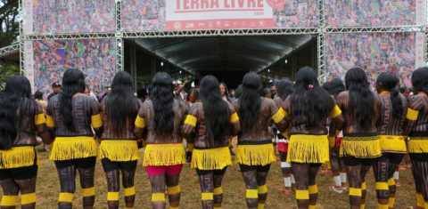 Indígenas no Acampamento Terra Livre em Brasília: povos querem equiparação de seus líderes a chefes de estado na COP30 (Foto: Fabio Rodrigues-Pozzebom/ Agência Brasil)