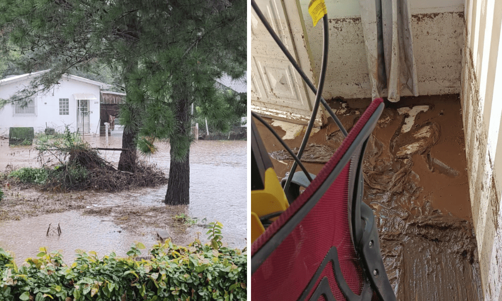 Duas fotos coloridas das enchentes na casa de Suzi Zanon, em Santa Maria. Na imagem da esquerda, aparece a inundação vista do lado de fora da casa (totalmente ilhada). Na imagem da direita, aparece a lama dentro da casa