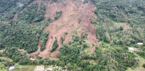 Foto colorida de deslizamento de terra em Picada Café, no Rio Grande do Sul. Na imagem de satélite, aparecem as cicatrizes por onde ocorreu os movimentos de terra, em meio às árvores da encosta