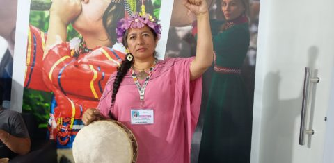 Foto colorida de Maryta de Humahuaca. Ela é uma indígena de cabelo preto enrolado em uma trança. Ela usa um vestido rosa e uma tiara com penas rosas. Ela olha para frente e ergue o braço direito.