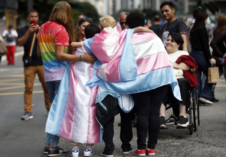 Ativistas com bandeiras do movimento trans em manifestação em São Paulo: luta por dignidade e respeito no Dia da Visibilidade Trans (Foto: Paulo Pinto / Agência Brasil - 28/01/2024)