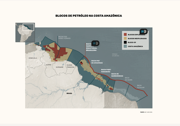 Blocos de petróleo na costa amazônica: mais de 92% dos blocos em alto mar da Amazônia estão em fase de estudo ou oferta ao mercado (Arte: InfoAmazonia)