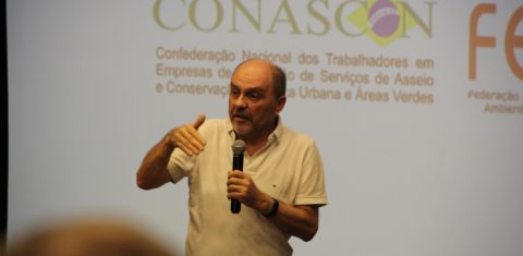 Clemente Ganz, recém-designado em enviado especial da COP30, em evento do movimento sindical: "transição justa exigirá o comprometimento de governos, empresas e sindicatos para garantir que ninguém fique para trás” (Foto: Divulgação / Sineaco / Conduscon - 04/04/2023)