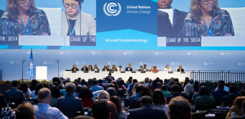 Foto colorida das discussões da Conferência de Bonn. Na imagem, aparece a plateia e uma mesa com autoridades. Ao fundo, telão com algumas pessoas.