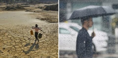 Duas fotos coloridas. Na esquerda, uma imagem de terra seca com uma pessoa carregando baldes. Na direita, uma pessoa segura guarda-chuva em meio a um temporal; el niño e la niña afetam regime de chuvas