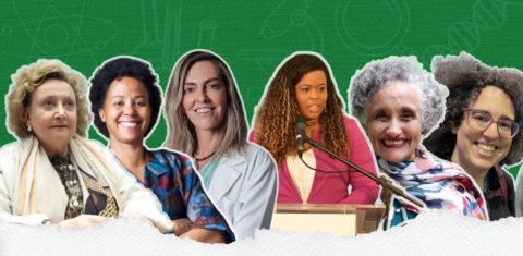 Montagem com retratos de seis cientistas brasileiras lado a lado sobre fundo verde, destacando mulheres que contribuem para avanços científicos no país.