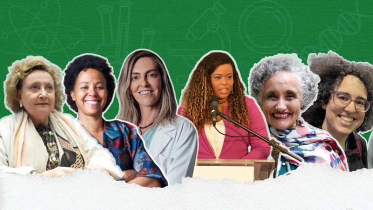 Montagem com retratos de seis cientistas brasileiras lado a lado sobre fundo verde, destacando mulheres que contribuem para avanços científicos no país.