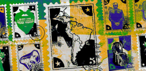 Ilustração colorida que mostra diferentes símbolos, como homem de costas, microfone, cruz e, no centro, um mapa da América Latina