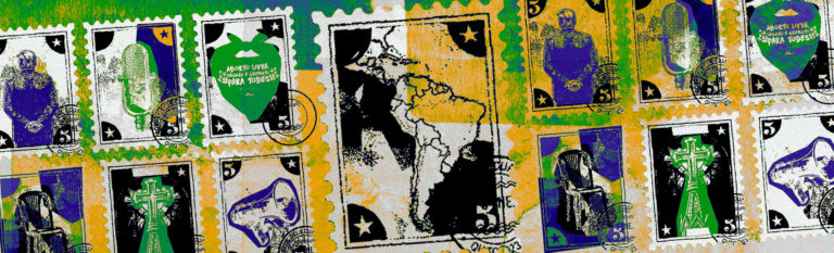 Ilustração colorida que mostra diferentes símbolos, como homem de costas, microfone, cruz e, no centro, um mapa da América Latina