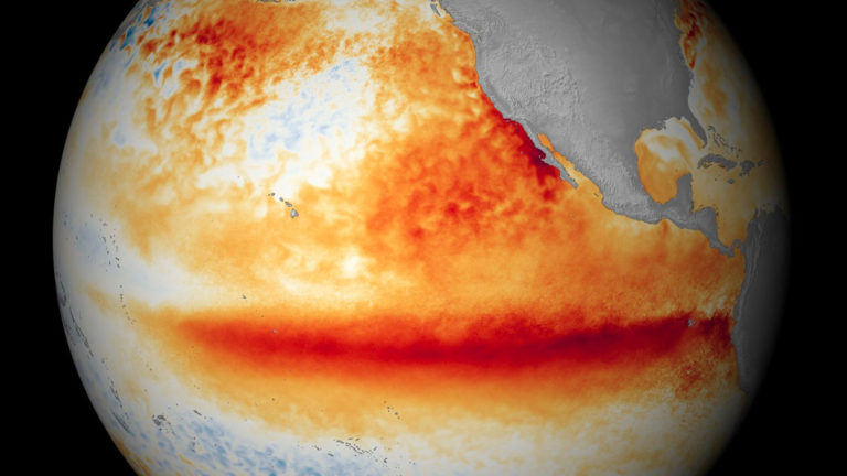 Imagem colorida que mostra o planeta Terra em uma escala de calor, indicando o aumento da temperatura no Oceano Pacífico Equatorial, o que configura o fenômeno El Niño