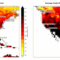 Dois gráficos coloridos com escala de calor na América do Norte. Climatologia de 1990 a 2020 da temperatura máxima diária de bulbo úmido e globo (WBGT; painel esquerdo) e da temperatura máxima diária do ar (painel direito) na América do Norte