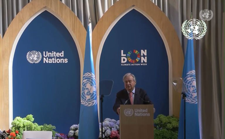Antonio Guterres discursa na Semana Climática de Londres: ONU cobra big techs por IA e lança ação contra metano (Foto: Reprodução UN Web TV)