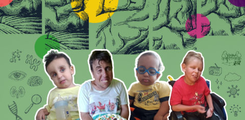 Arte colorida com fundo verde e com fotos de crianças com síndrome de lowe. O fundo possui detalhes que remetem a um cérebro humano. Nas fotos, aparecem, da esquerda para a direita: João Lucas, Quelvin, Nicolas Mariano e Murilo