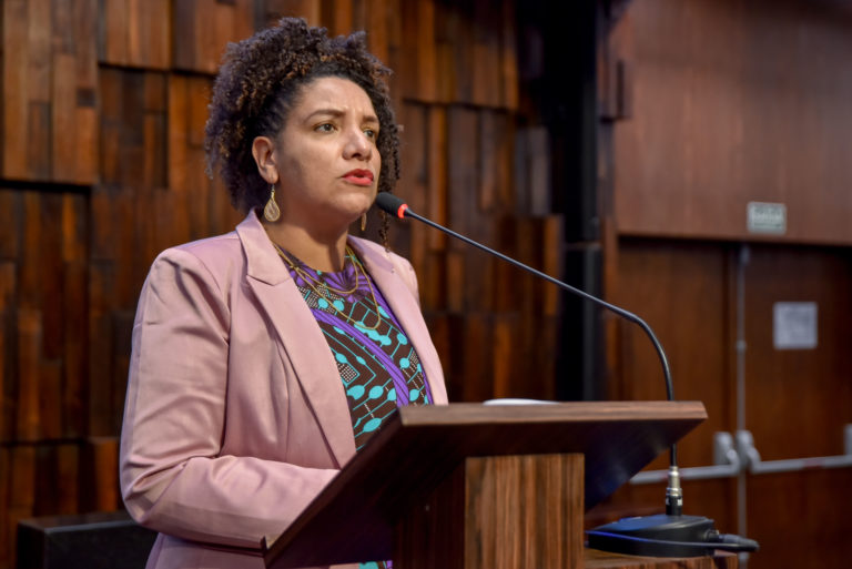 Foto colorida de Renata Souza em púlpito na Alerj, no Rio de Janeiro. Ela é uma mulher negra, com cabelo preto cacheado, amarrado em um coque. Ela está com expressão séria diante de um microfone. Ela veste um blazer rosa e uma blusa preta com detalhes em verde e roxo