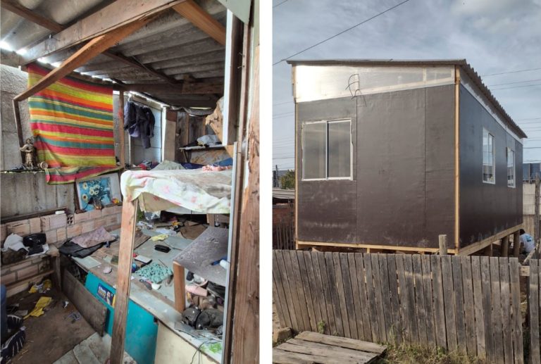 Casa destruída pela enchente e reconstruída dois anos depois na Vila Nazaré, Região Metropolitana de Porto Alegre: quem mais sofre com a crise climática e mais demora para se recuperar são sempre as: famílias negras, periféricas e de baixa renda (Fotos: Acervo TETO Brasil)