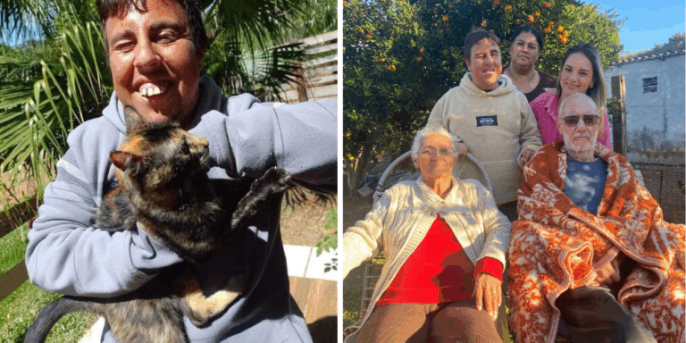 Duas fotos coloridas. Na imagem da esquerda, aparece Quelvin sentado, segurando um gato. Na imagem da direita, a família do jovem: Família de Quelvin Lima Soares. Em pé estão Quelvin, sua mãe Lilian e a irmã Julia. Sentados estão os avôs Francisca e José