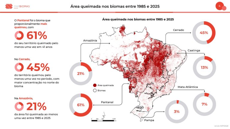 Infográfico colorido com mapa do Brasil com áreas em vermelho onde ocorreram as queimadas desde 1985. Destaque para as seguintes informações: O Pantanal foi o bioma que proporcionalmente mais queimou, com 61% do seu território queimado pelo menos uma vez em 41 anos; No Cerrado, 45% do território queimou pelo menos uma vez no período, com maior concentração no norte do bioma; Na Amazônia, 21% da área foi queimada ao menos uma vez entre 1985 e 2025.