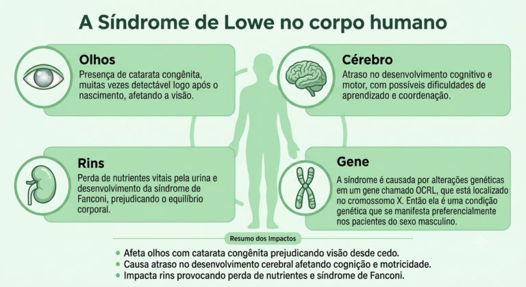 Infográfico colorido, com fundo verde em que aparece silhueta de corpo humano. No topo, escrito em preto: A síndrome de lowe no corpo, ao lado, aparecem tópicos com descrições sobre os impactos no cérebro, olhos, rins e gene.